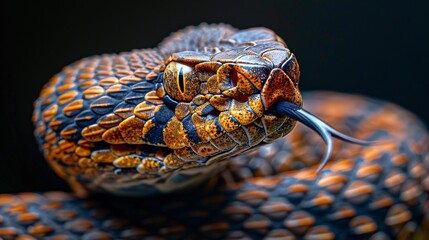Close-up of coiled snake with tongue out.