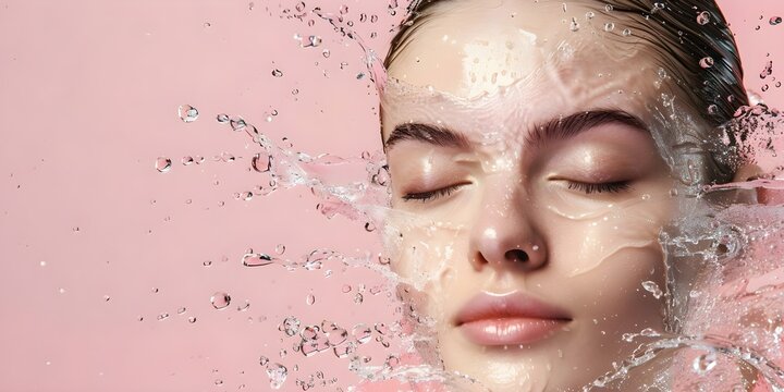Woman with closed eyes water splash on face pink background skincare. Concept Skincare Routine, Water Splash Photography, Pink Aesthetic, Topical Beauty Products