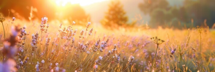 A field of lavender flowers is bathed in the soft light of dawn, creating a romantic and serene...