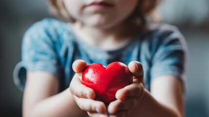 Little girl holds red heart in his hands. Love, help, social responsibility, donation, charity, volunteering, gratitude, appreciate, world heart day, giving Tuesday concept
