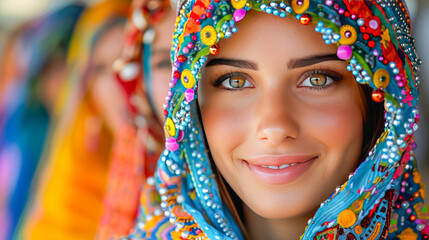 Beautiful middle eastern woman wearing colorful traditional clothing smiling