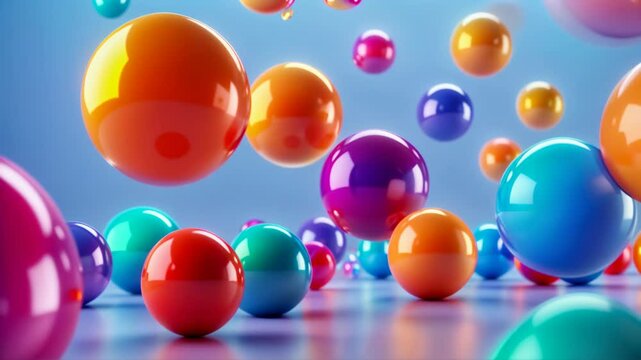 Colorful Balls Bouncing on Blue Background. 3D Animation of Playful Spheres in Motion. Fun, Energy, Joy Concept.