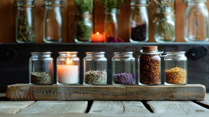 flat lay composition of DIY herbal tea blends--dried herbs, tea infusers, and glass jars--arranged