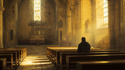 Man sits alone in small empty church and praying