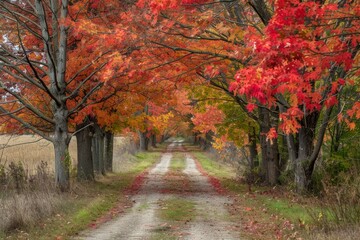 A dirt road winding through a forest with trees displaying vibrant red leaves in autumn, A tree-lined path glowing with fiery autumn colors