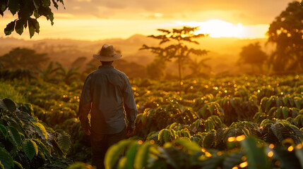 Fototapeta premium Man wearing hat walking through a coffee field at sunrise