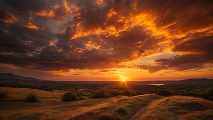 Sunset over a field with grass and mountains in the background