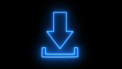 Fototapeta premium Neon Blue arrow symbol icon. Black Background with arrow direction down. Directional sign. Flashing neon icon to the download arrow. neon arrow sign. 