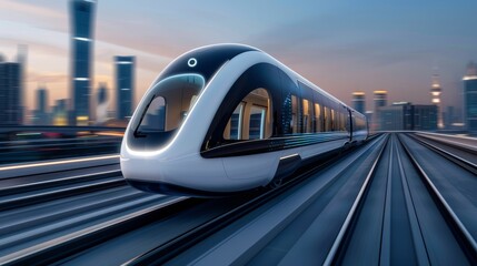 Naklejka premium future of transportation with a high-speed AI-driven train zooming through an urban landscape.