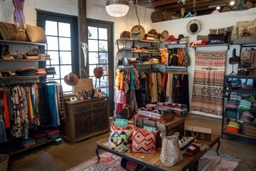 A room filled with diverse items like chic clothing and accessories in a trendy boutique setting, A trendy boutique with chic clothing and accessories on display