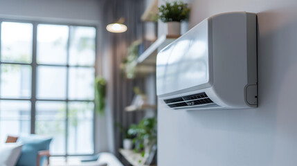Modern Air Conditioner Unit in a Contemporary Living Room. Energy-Efficient Air Conditioning System in a Stylish Home Interior