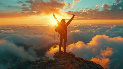 Obraz premium Triumphant Climber at Sunrise