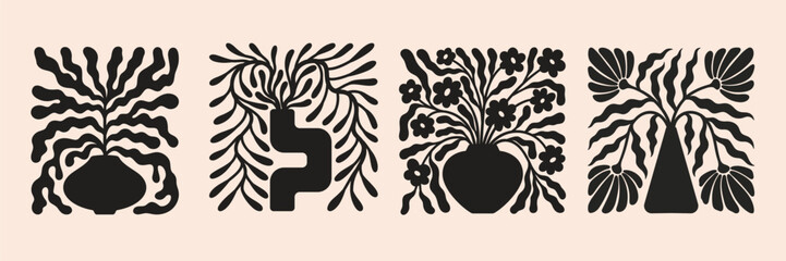 Abstract vector poster with groovy floral patterns. Matisse-inspired shapes, and organic doodles. Flower in contemporary potters.