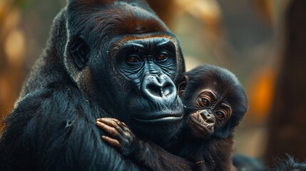 Fototapeta premium Gorilla mother holding baby close.