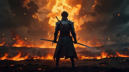 Dramatic anime-style scene of a lone swordsman standing amidst a fiery battlefield, reflecting on the aftermath with swords ready in hand.