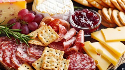 A selection of artisanal cheeses and cured meats paired with crisp crackers and sweet fruit preserves for a savory touch to the meal.
