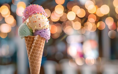 Colorful ice cream cone with four scoops and sprinkles, against a blurred festive light background. Perfect for summertime and dessert themes.