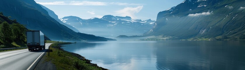 Naklejka premium A serene panoramic view of a truck driving along a beautiful fjord with mountains and calm waters under a clear sky.