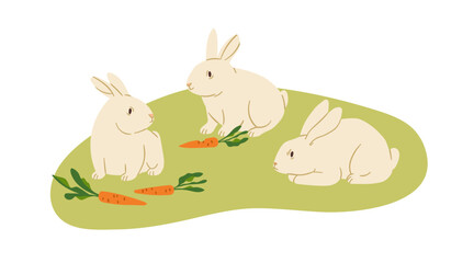 Farm rabbits. Cute bunnies on grass, eating carrot. Cute domestic country animals, rural countryside. Village country fauna. Flat graphic vector illustration isolated on white background