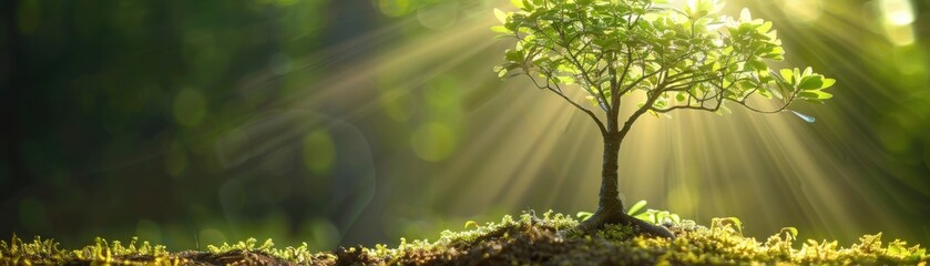Fototapeta premium A small tree bathed in sunlight, with rays cutting through a forest background, symbolizing growth, hope, and nature's beauty in the morning.