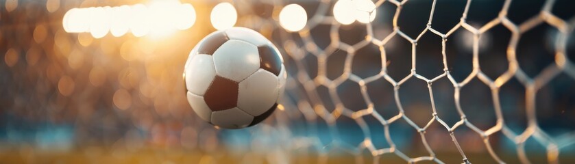 Naklejka premium A soccer ball entering the net under bright stadium lights, capturing the excitement of scoring a goal in a professional football match.
