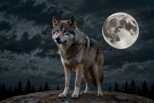 A wolf with moon in night wallpaper 