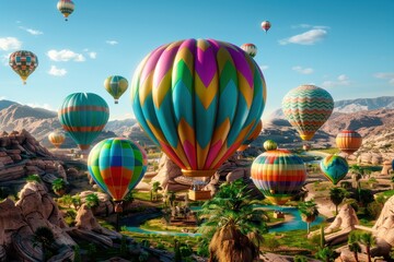 Fototapeta premium Vibrant hot air balloons float over a stunning desert landscape, creating a breathtaking, colorful scene under a clear blue sky.
