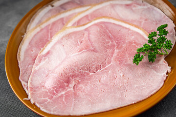 ham slice pork meat natural food fresh appetizer meal food snack on the table copy space food background rustic top view