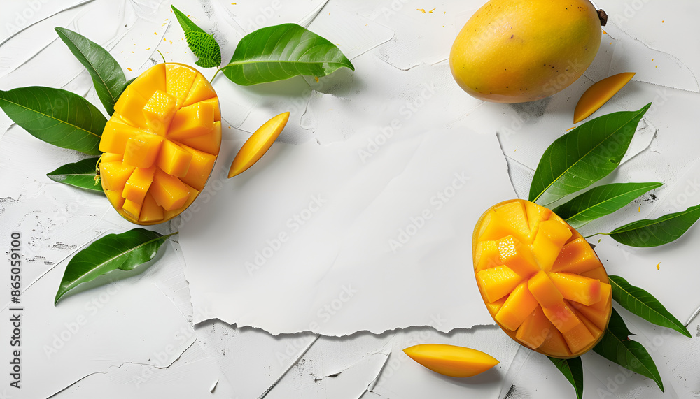 Wall mural Fresh mango with slices and leaves around wgite paper on wooden table