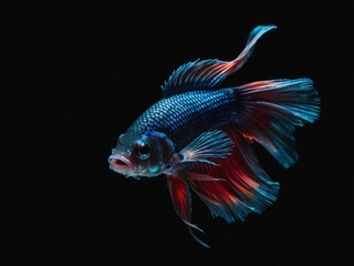 Minimalist depiction of an aggressive betta fish on a pitch black background.