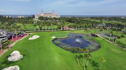 The Breakers Palm Beach and Ocean Course at The Breakers. Aerial view of luxury golf course in West Palm Beach, Florida. Exclusive golfing and five star hotel.