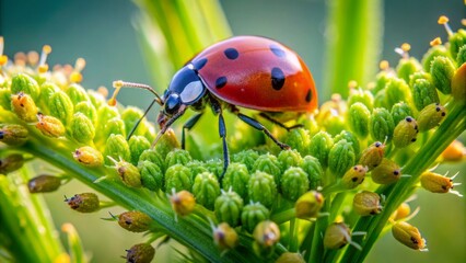 Delicate ladybug perched on vibrant green grass flower,'targets aphids,<|start_header_id|>assistant biological controller.