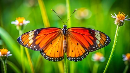 Fototapeta premium Dazzling Licanidae butterfly, with vibrant orange wings, sits elegantly on a delicate grass flower stalk in Sri Lanka's lush green landscape.