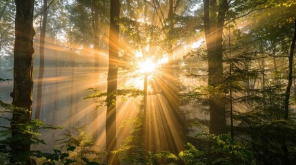 Radiant sunburst through dense, misty forest canopy at sunrise