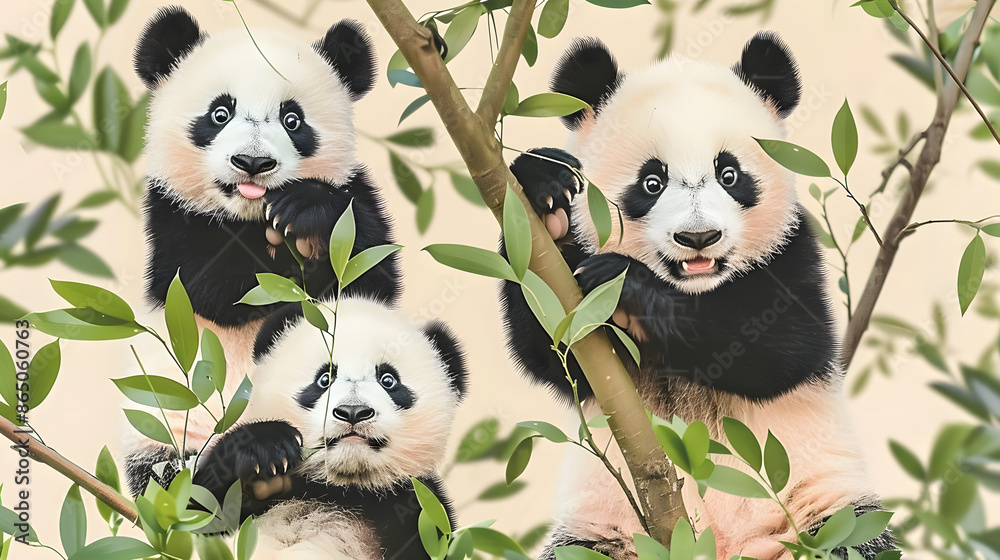 Sticker Adorable pandas with rosy cheeks playfully interact with green leaves and branches on a beige background.