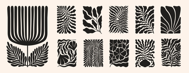 Modern vector poster with retro 70s vibes, showcasing a groovy floral pattern. Matisse-style leaf shapes and organic doodles create a vibrant and dynamic design