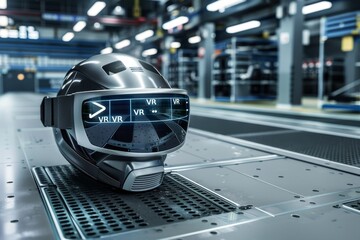 Fototapeta premium Sleek, futuristic VR headset displayed on a high-tech factory production line, showcasing cutting-edge virtual reality technology and innovation in a state-of-the-art industrial environment.