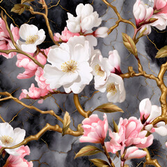 Illustration of Pink Cherry Blossom Branches with Gold Leaves