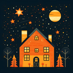 Illustration of a Cosy House Under a Starry Sky