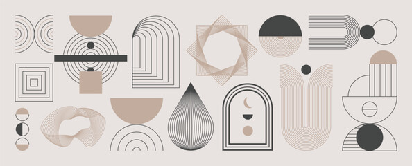 Hand drawn abstract minimal element mid century vector set. Aesthetic contemporary stripe line art, geometric shape in monochrome. Art form design for wall art, decoration, wallpaper. © TWINS DESIGN STUDIO