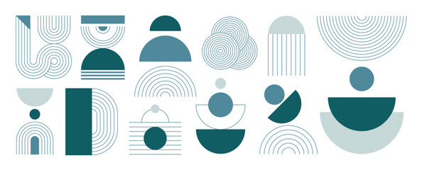 Hand drawn abstract minimal element mid century vector set. Aesthetic contemporary stripe line art, geometric shape in monochrome. Art form design for wall art, decoration, wallpaper.