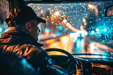 A man driving a car through rainy night conditions, navigating the wet road carefully, A truck driver on a rainy night, navigating slick roads with caution