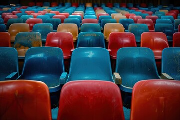Naklejka premium Colorful Rows of Worn Plastic Seats in an Empty Auditorium 
