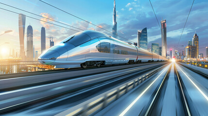 Futuristic train high speed travel in motion at the railway station in modern city with motion effect.