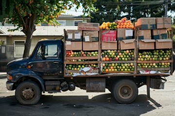 Obraz premium A truck filled with boxes of fruit ready for delivery, A truck loaded with food boxes ready to be delivered to families in need