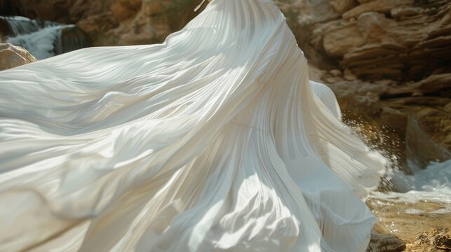 A flowing white cotton maxi dress blows in the wind resembling a waterfall at the bottom of the canyon.