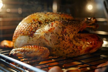 A chicken is slowly roasting in the oven, filling the kitchen with delicious aromas, A turkey roast slowly cooking in the oven, filling the room with tantalizing aromas