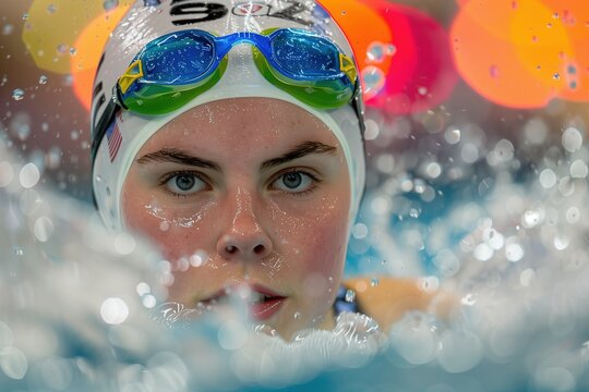 Focused Swimmer in Goggles and White Cap, Swimming Close-up, Bokeh Background
