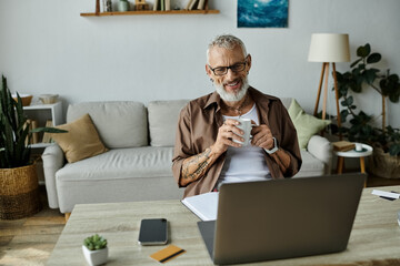 A mature gay man with tattoos and grey hair smiles as he enjoys a coffee break during his work day from home.