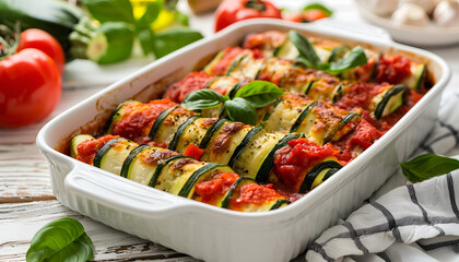 stuffed zucchini rolls with tomato sauce in white baking dish